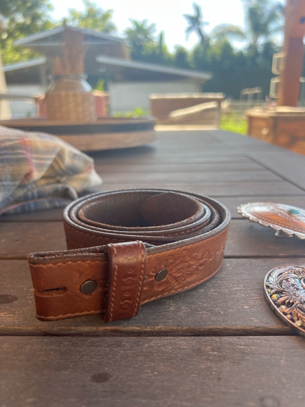 Justin Tooled Leather Western Belt Sz L / 34 Removable Rhinestone Scroll Buckle - Picture 5 of 14